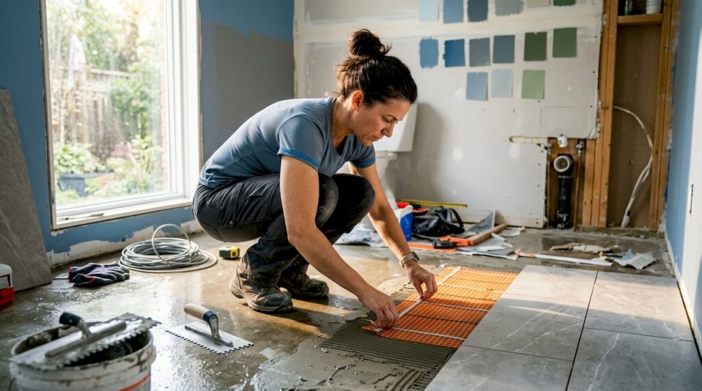 Contractor installing heated floor mats in bathroom
