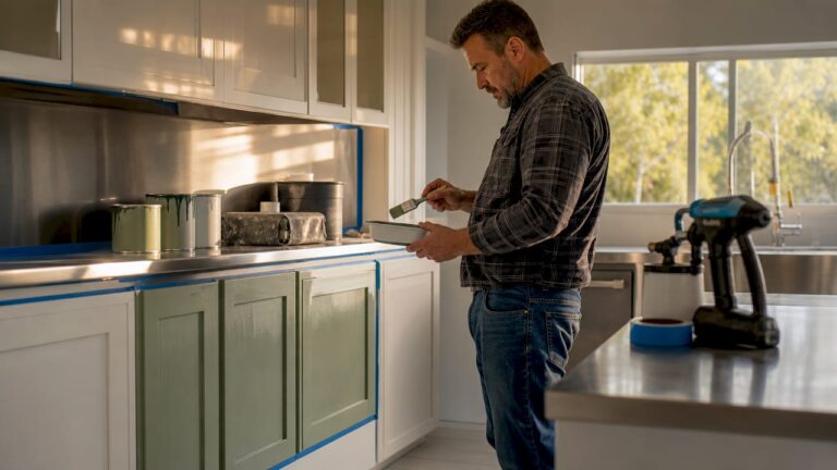 Man preparing kitchen cabinet repainting work