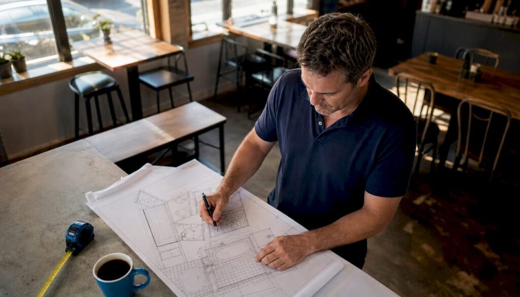 Man reviewing bathroom remodel blueprints at desk